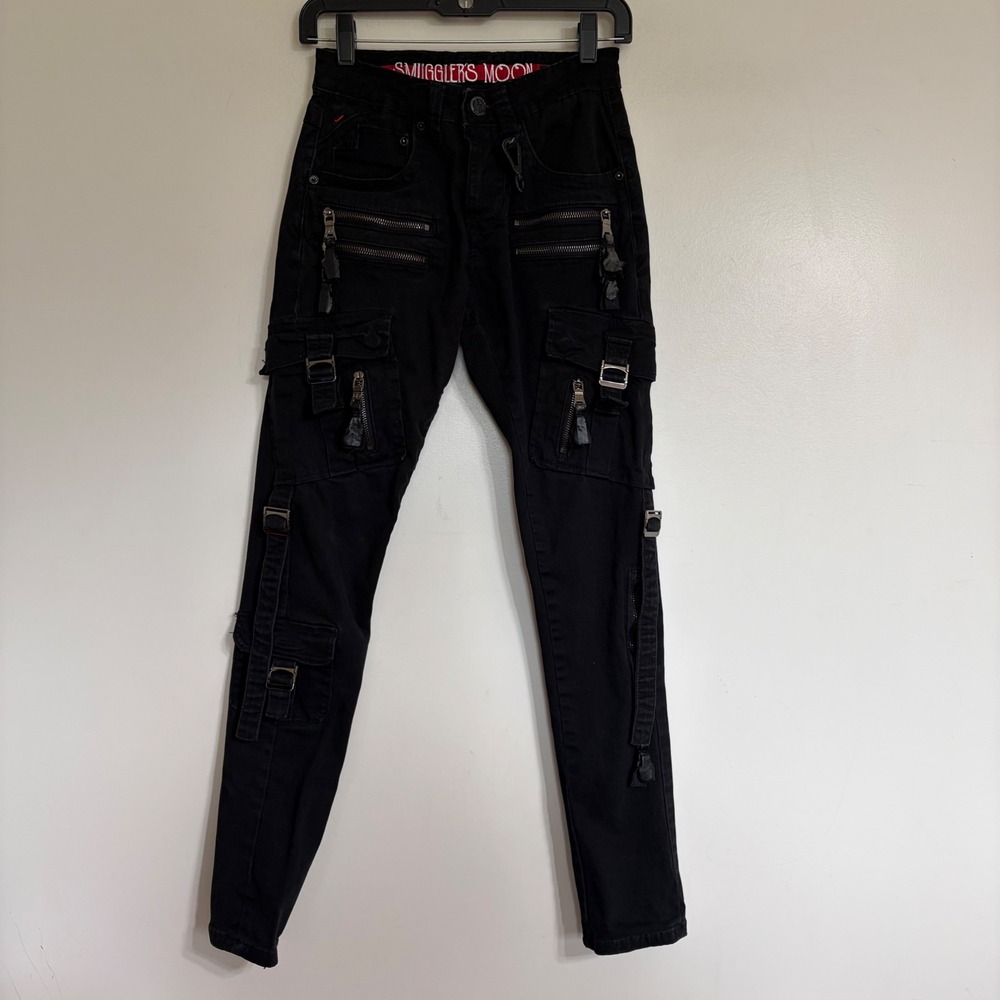 Smugglers Moon Mens Black Cargo Pants Slim Tactical Zippers Buckles 28x31